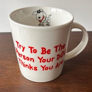 White Mug with Red Text and Dog Design